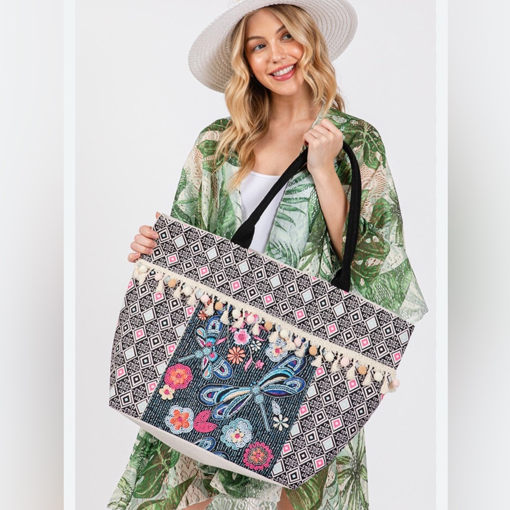 NWT Styline Boho Pattern and Dragonfly Print Tassel Tote Bag